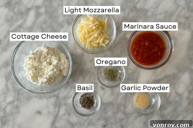 Ingredients for cottage cheese pizza bowl